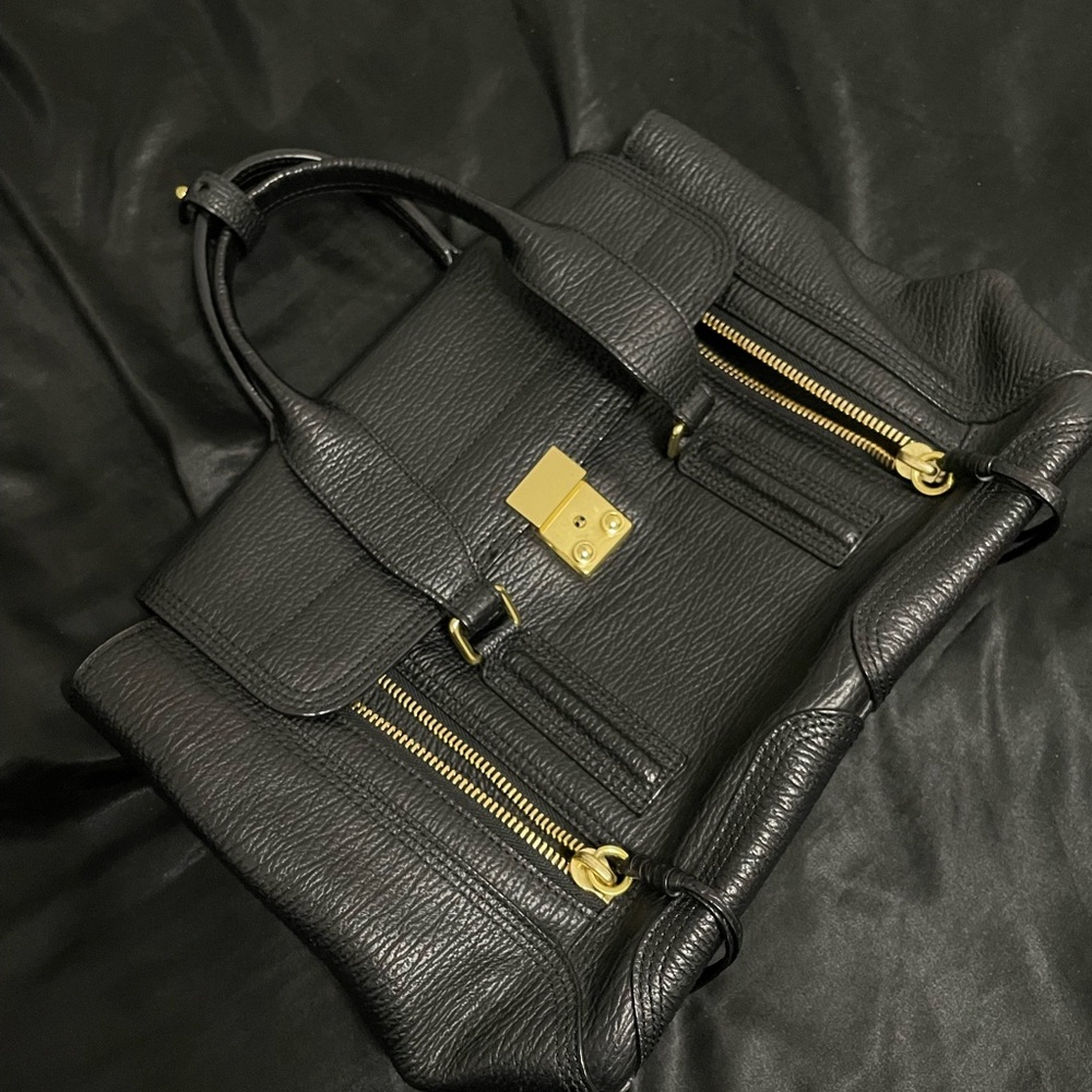 Black Leather Handbag with Gold Accents
